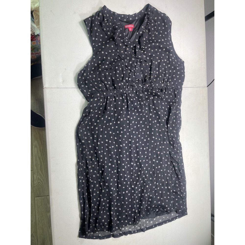 Merona Womens XL Polka Dot Dress Gray Ruffle Neck Tie Waist Sleeveless